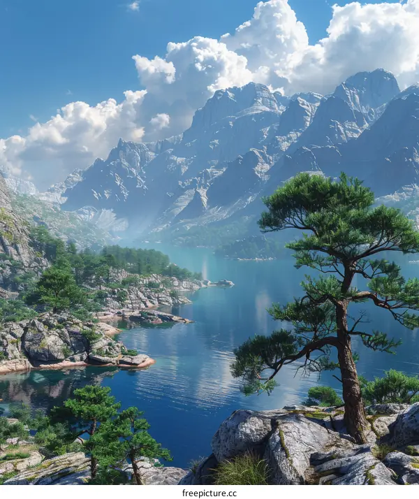 Fantasy Landscape Painting: Majestic Mountains and Serene Lake