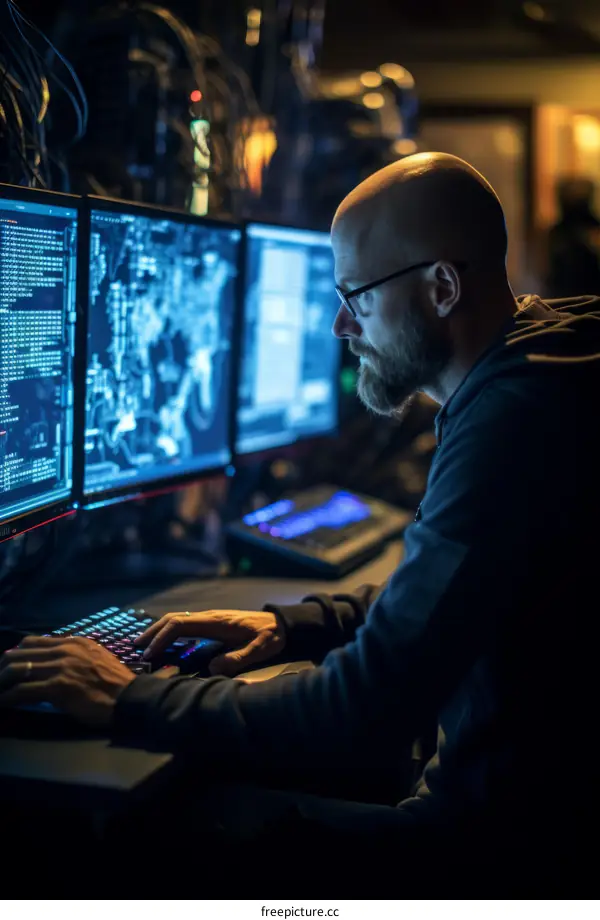 A bald man wearing glasses is working on multiple computers in a dark room.
