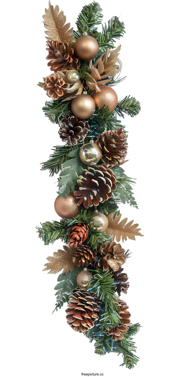 [Transparent Background PNG]Gold and Brown Christmas Garland with Pine Cones and Ornaments