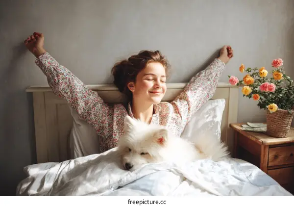 Woman Stretching in Bed with Dog and Flowers