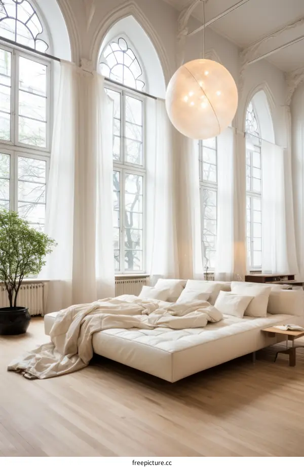 Elegant bedroom with large windows and a soft bed