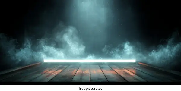 Empty Wooden Platform with Neon Light and Fog