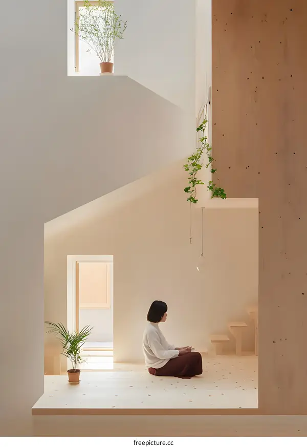 Minimalist Japanese Interior Design with a Woman Sitting on a Wooden Platform