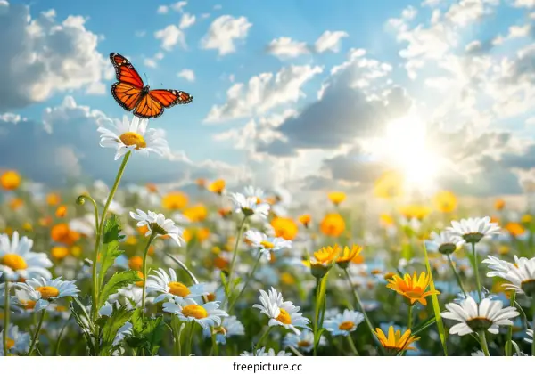 orange butterfly on white daisy flower in a field under blue sky