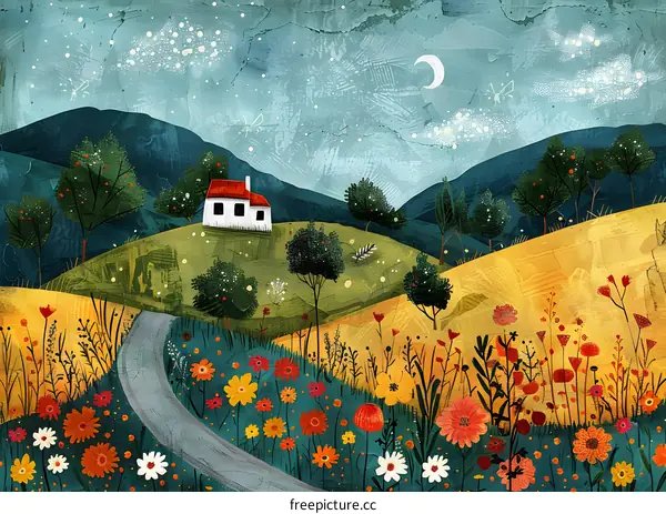 Small white house on a hill surrounded by trees and flowers under a starry night sky