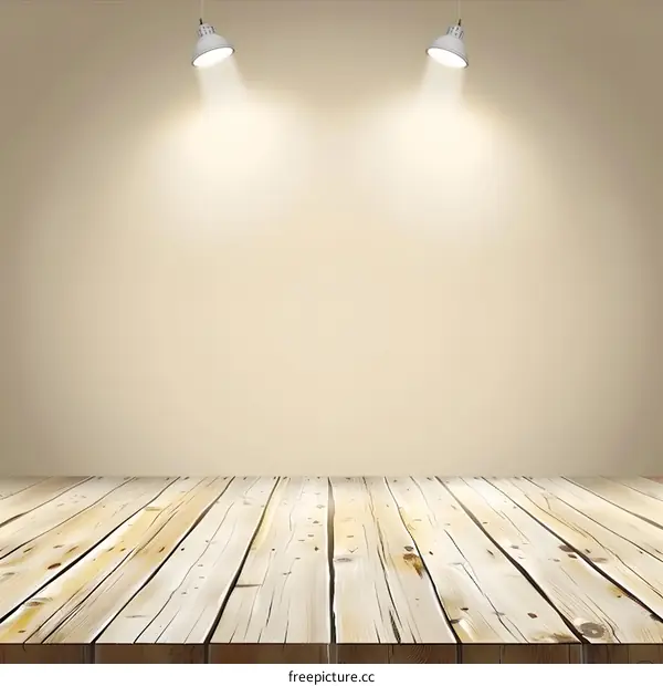 Light Brown Wooden Plank Floor with Two Lamps on Beige Wall