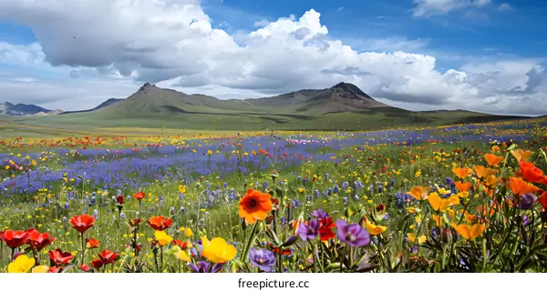 Colorful Wildflowers Bloom in a Lush Meadow with Mountain Landscape