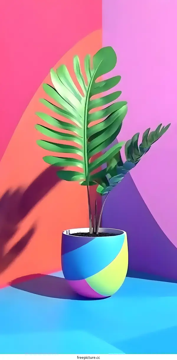 Green Plant in Colorful Pot on Background