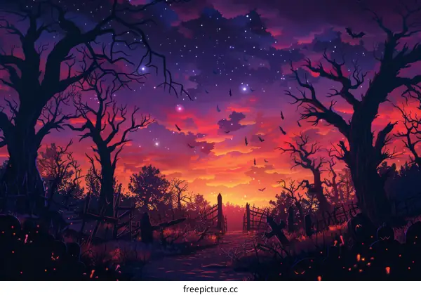 Illustration of a spooky forest with a gate at the end of a path. Bats are flying in the sky, and the trees are bare.