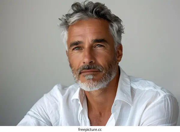 portrait of a handsome man with grey hair and green eyes