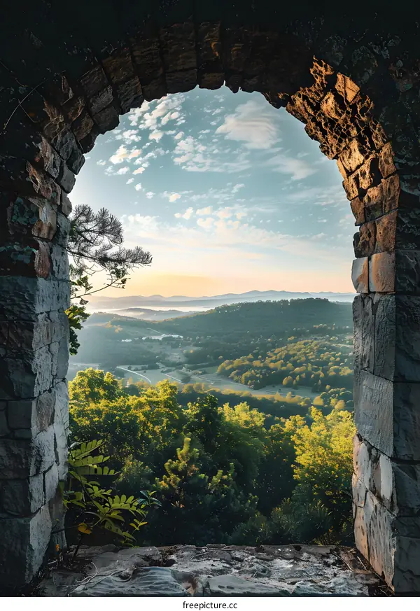 Stone Archway View of Green Hills and Blue Sky