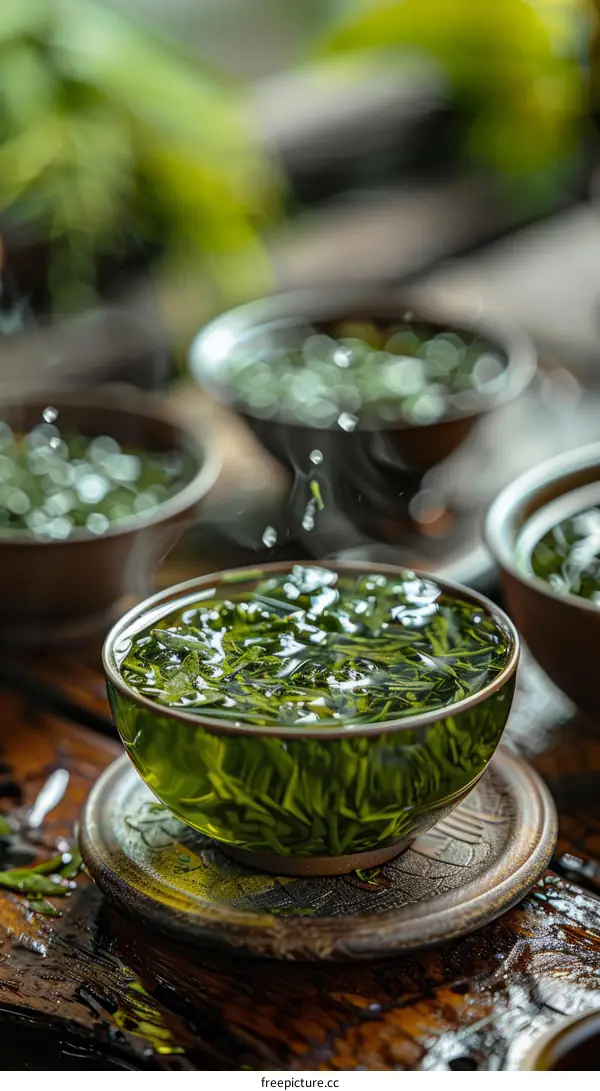 Green tea leaves in a glass cup with water being poured in