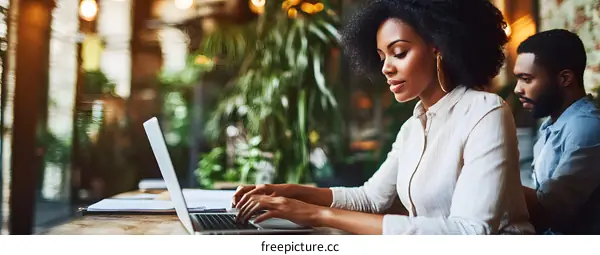 Young Black Woman Working on Laptop in Cafe