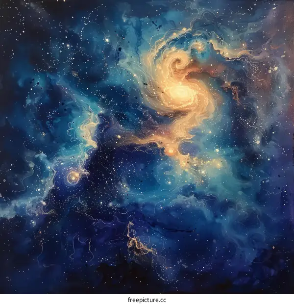 Captivating Nebula Fluid Painting in Blue and Gold