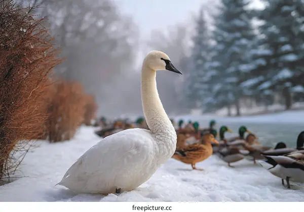 Majestic Swan in Snowy Park Scenery