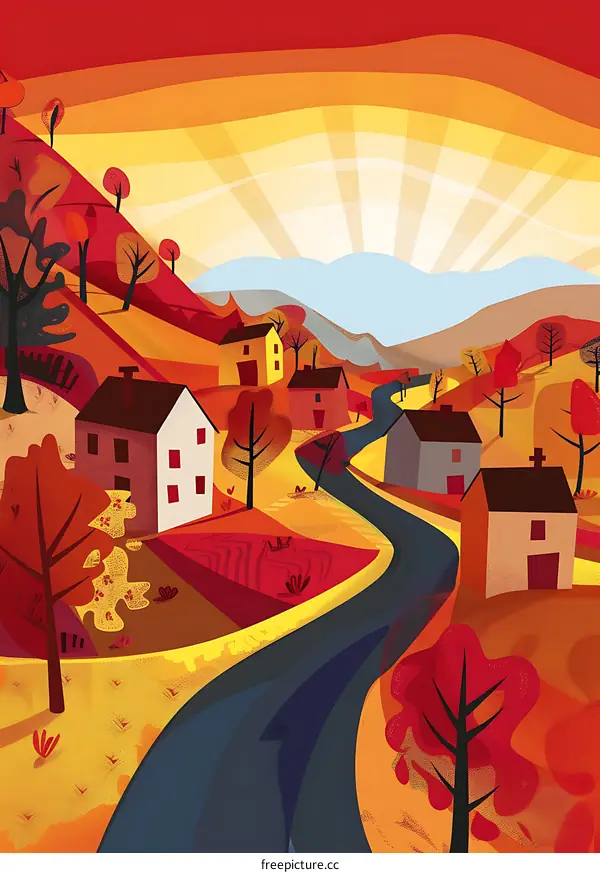 Autumn Landscape Illustration with Winding Road and Colorful Houses