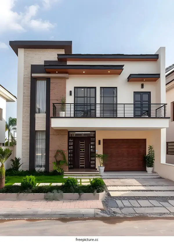 Modern Two Story House With White Exterior And Brown Garage Door