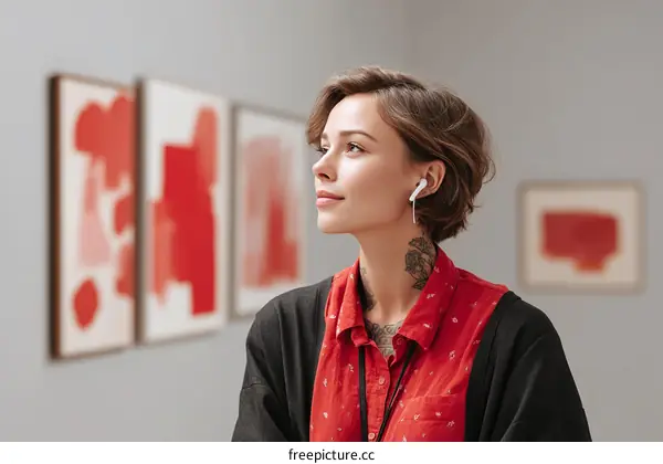 A Woman in Red Shirt Observing Abstract Art in Gallery