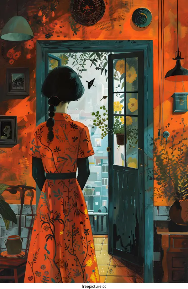 girl in cheongsam looking out the window