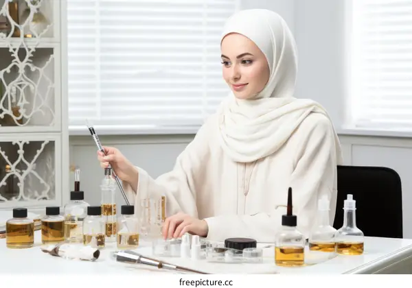 A young woman wearing a hijab is working in a laboratory.