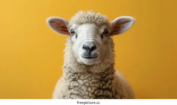 Close-up portrait of a white sheep against a yellow background