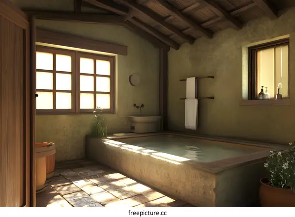 Stone Bathtub In Rustic Bathroom Interior Design