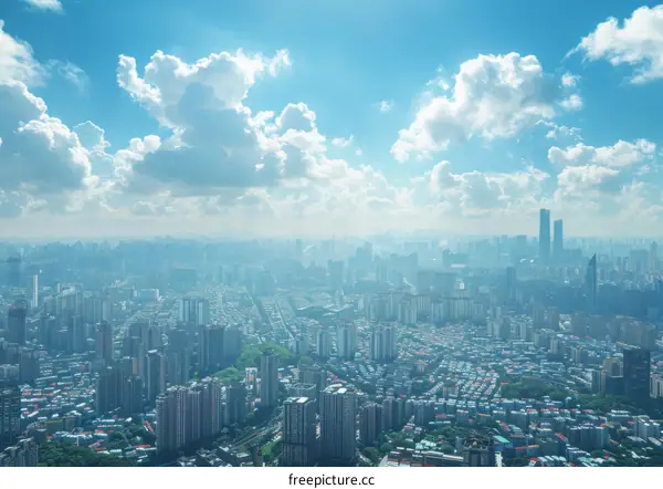 Aerial View of a Modern City Skyline with Clouds
