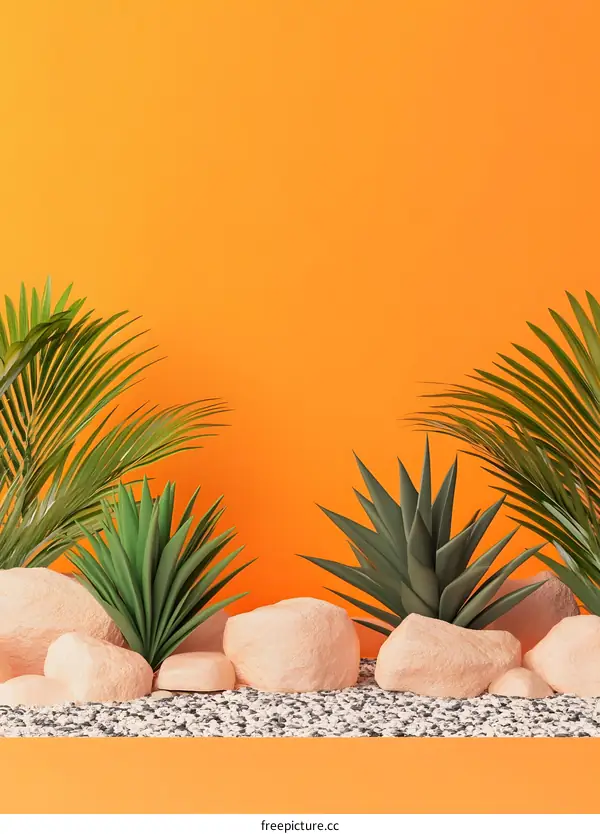 Orange Background with Rocks and Plants