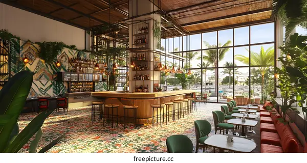 Tropical Bar Interior Design With Bar Counter And Stools