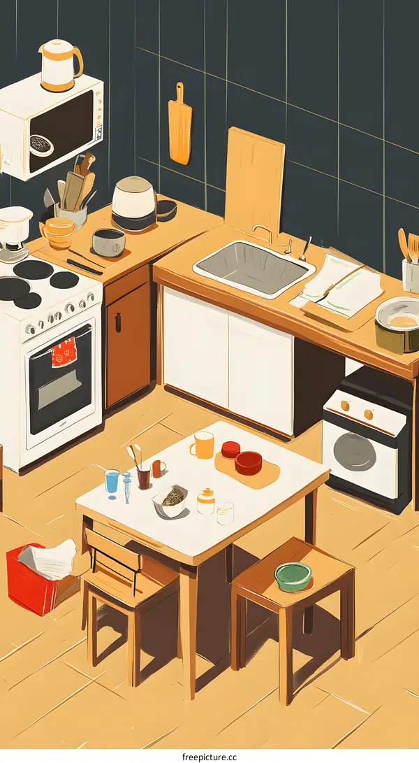 Kitchen Illustration with Wooden Furniture and White Appliances