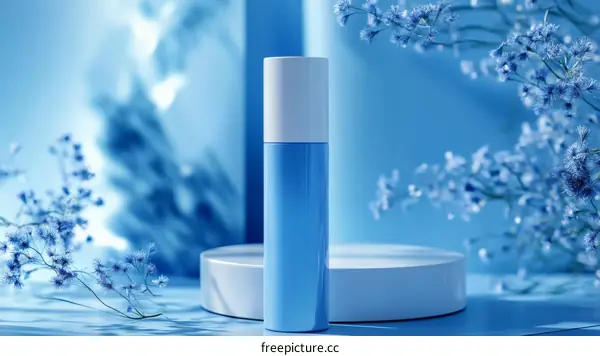 Blue Cosmetic Product Display with Floral Decor