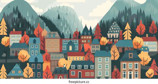 Autumn Village Landscape with Mountain Background