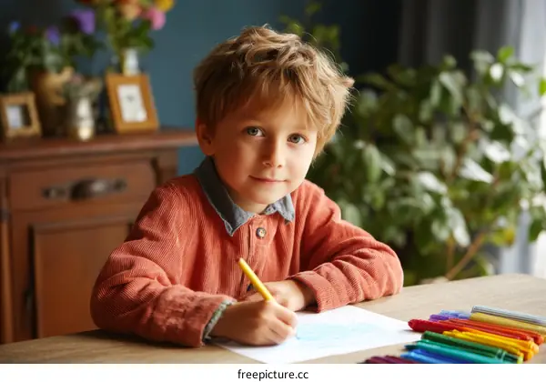 Boy Drawing at the Table with Colored Pencils