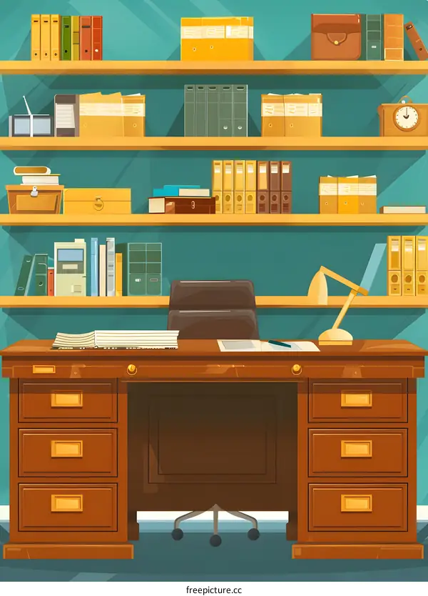Office Desk with Bookshelves and Chair Cartoon Illustration