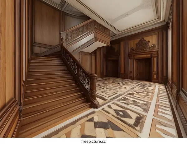 Wooden Staircase and Intricate Flooring in a Grand Hallway