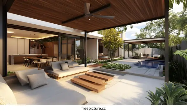 Modern Tropical Patio Design with Wooden Ceiling and Pool