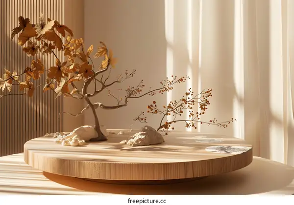 Dried Branch Arrangement On Wooden Tray