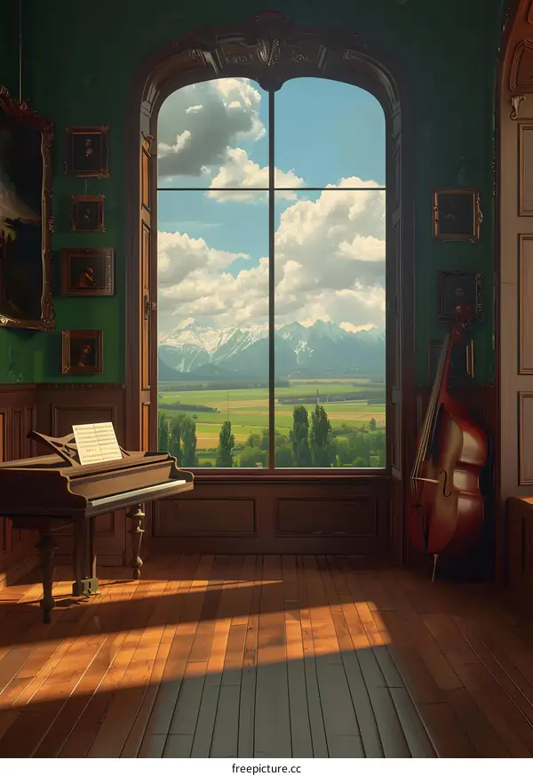Piano and Double Bass in a Room with a View of Mountains