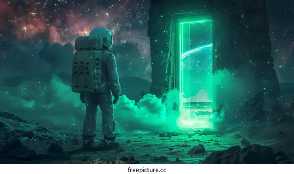 Astronaut In A Green Portal On An Alien Planet