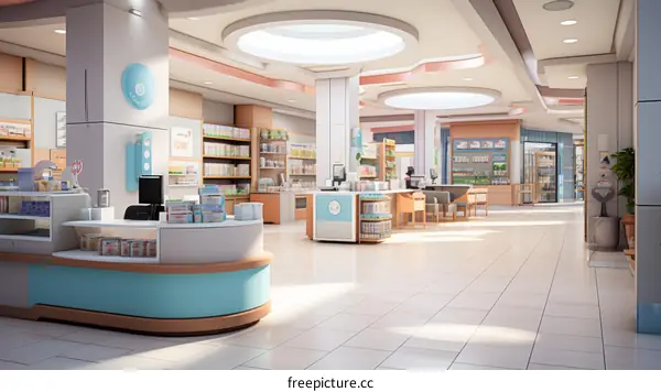 An illustration of the interior of a modern pharmacy