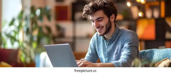 Smiling Man Working on Laptop in Cafe