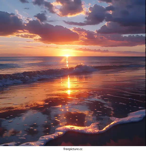 Beautiful Sunset Over the Ocean With Waves Crashing on the Shore
