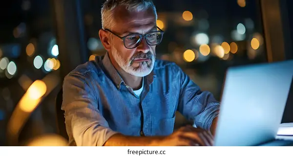 Businessman Working Late at Night on Laptop