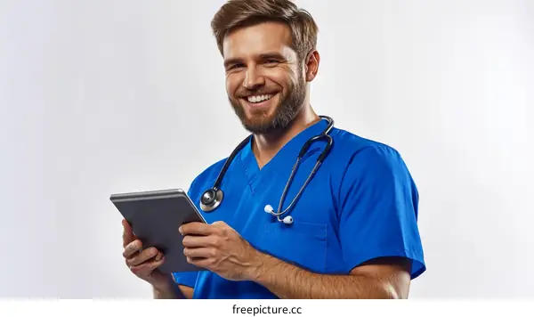 Smiling Caucasian Male Doctor Holding Tablet