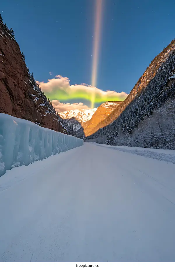 Snowy Mountain Road with Green Aurora Borealis