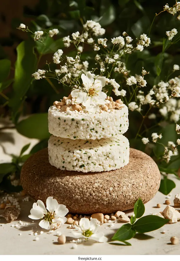 Stacked Rice Cakes with White Flowers and Green Leaves