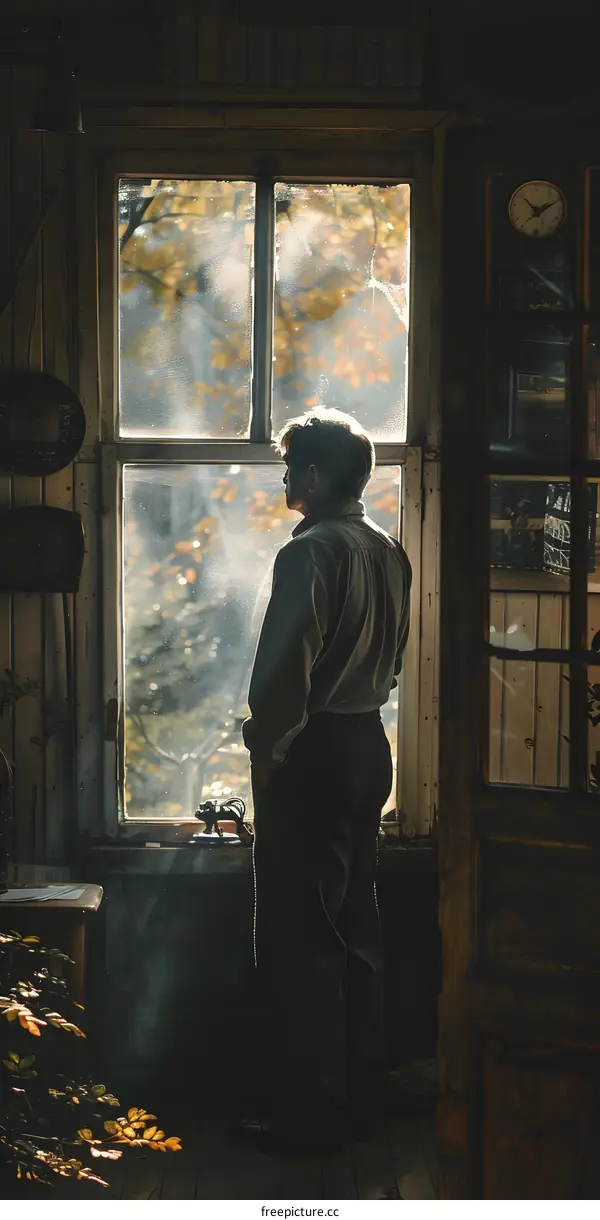 A man is standing in front of a window and looking out