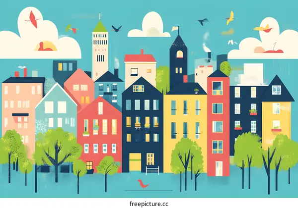 Colorful Cityscape Illustration with Birds and Clouds