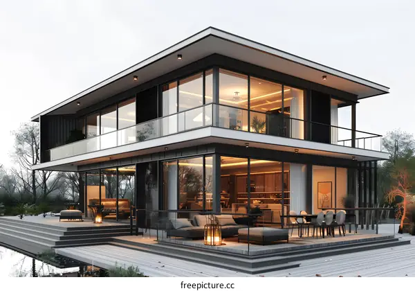 Modern house with large glass windows and terrace