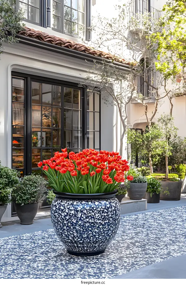 Blue and White Flower Pot with Red Tulips in Front of a Building